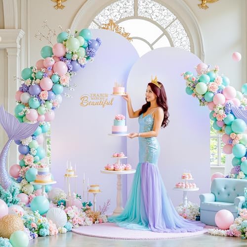 7.2FT 6FT Arch Backdrop Cover for Party, Set of 2 Stretchy Spandex Fitted Arch Stand Cover for Baby Shower, Birthday Wedding Decor, Chiara Backdrop Cover with Double-Sided Design(Silver, White) - Image 2