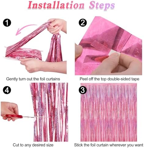 2 Pack Glitter Pink Backdrop, 3.28 FT x 7.05 FT Birthday Party Decorations, Laser Pink Fringe Curtains Foil Streamer Tinsel, Pink Curtains Photo Backdrop Happy Birthday Valentines Day Backdrop - Image 3