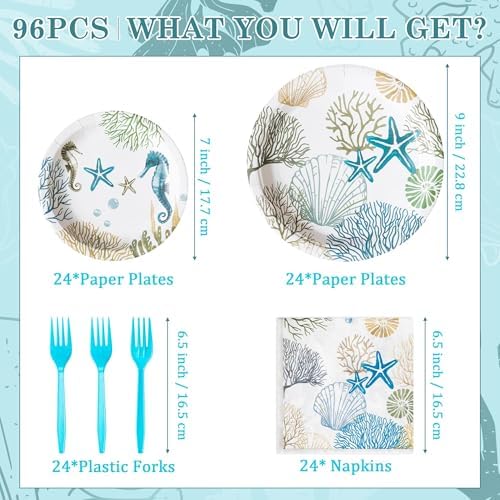 96Pcs Ocean Seashell Coastal Beach Starfish Coral Party Plates Supplies Tableware Decorations Disposable Paper Plates Napkins Forks for Birthday Summer Baby Shower, Serves 24 - Image 2