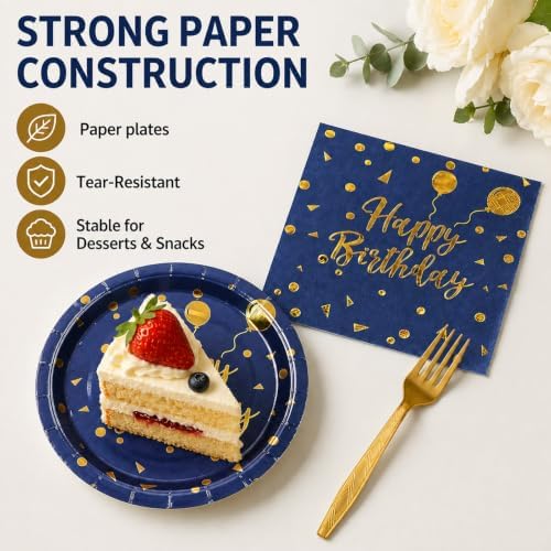 48PCS Happy Birthday Plates and Napkins Party Supplies, Blue and Gold Disposable Paper Plates and Napkins with Forks Tableware Set for Birthday Party Decorations 16 Guests - Image 4