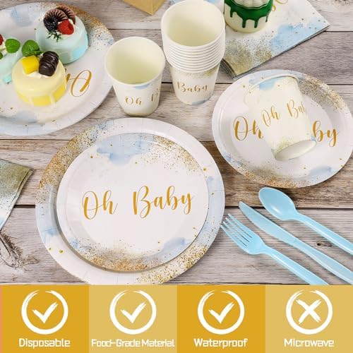 175 Pcs Baby Shower Tableware Set For 25, Dusty Blue Boy Party Supplies - Image 3
