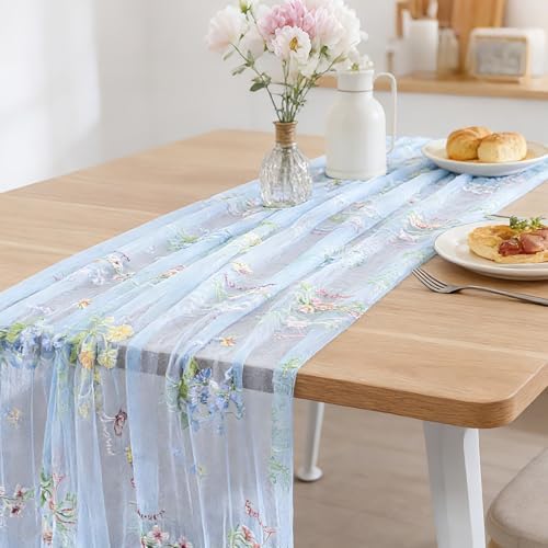 BINBE 3pcs Blue Florals Table Runner Embroidery Gauze 10FT Daisy Seasonal Tulle Birthday Wedding Holiday Kitchen Dining Table Decor for Home Party - Image 4