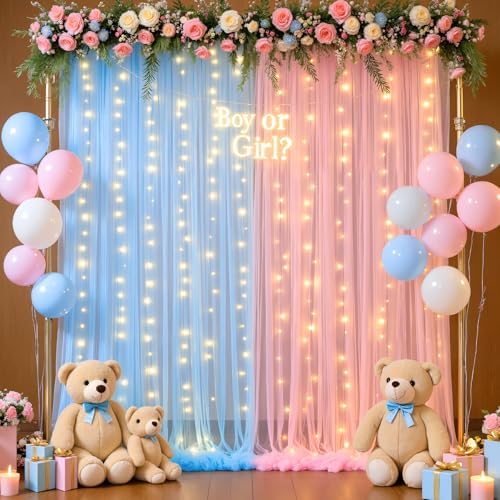 10ft x 10ft Pink Blue Tulle Photo Backdrop Curtain with Lights String for Gender Reveal Sheer Curtain Back Drop Baby Shower Backdrop for Boy or Girls Birthday Party Photo Booth Background Decorations by Suppromo