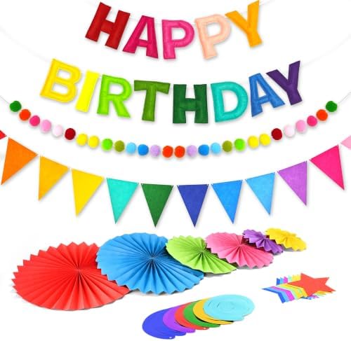 CANREVEL 17 PCS Pre-Strung 3D Rainbow Happy Birthday Banner, Multi Streamer by CANREVEL