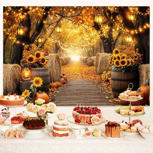 Fall Photo Backdrop, Autumn Forest Scenery Maple Leaves Pumpkins Sunflowers Photography Background, Fall Farm Harvest Thanksgiving Day Friendsgiving Party Decorations Photo Booth 15X10FT - Image 3
