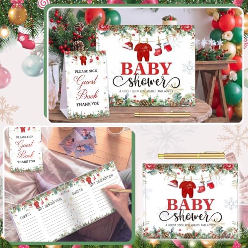 Fuyoooo 27 Pcs Christmas Baby Shower Guest Book Gold Pen Photo Corner - Image 5