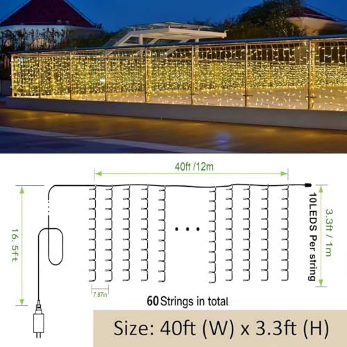 Solhice LED Curtain Lights Outside 40ft x 3ft for Backyard, 600 LED Plug in Hanging Fence String Lights Outdoor Waterproof for Backdrop Backyard Patio Deck Décor (Not Connectable) - Image 4