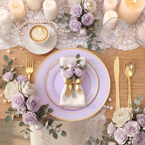 WDF Partyware 350PCS Purple Plates Disposable - Purple Plastic Plates 50Guests Lavender Disposable Dinnerware Sets with Rolled Napkins for Wedding/Birthday/Baby Shower/Bridal Shower - Image 2