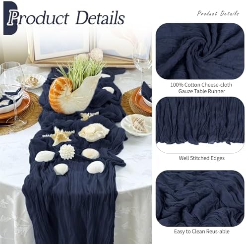 6 Pack Navy Blue Cheesecloth Table Runner 17x108 Inch Semi Sheer Boho Gauze Cheese Cloth Fabric Table Runners Table Decor for Wedding Party Baby Shower Birthday Home Decor Garden Farmhouse - Image 5