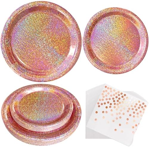 Rose Gold Party Decor, 75 Pcs Iridescent Paper Plates and Napkins Set by Unknown