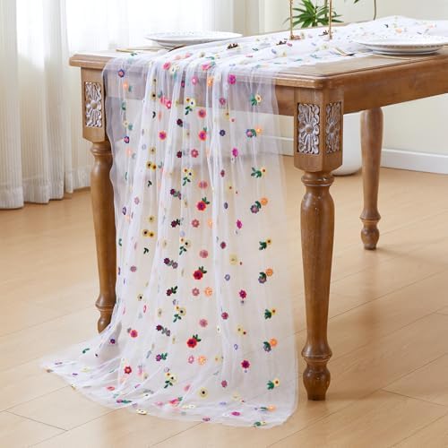 JIALE Ivory Floral Table Runner, Embroidery Daisy Seasonal Table Decorations, 120Inch 10FT 1PC Tulle Fabric for Home Decor, Bridal Shower Wedding, Baby Shower Parties, DIY Craft - Image 5