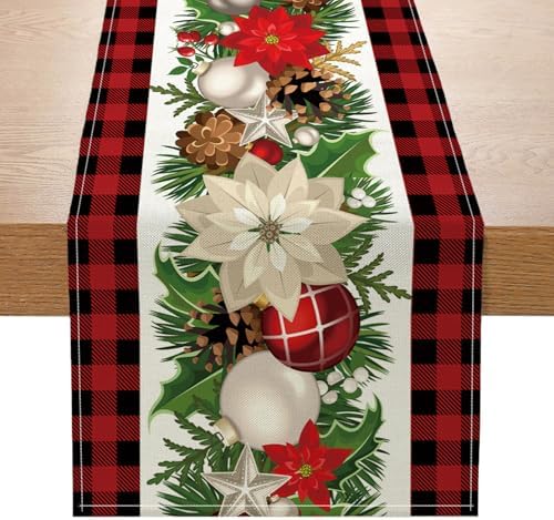 Christmas Decorations - Red and Black Buffalo Check Christmas Table Runner,Winter Holiday Kitchen Dining Table Decoration for Home Party Decor 13 x 72 Inch by ONFAON