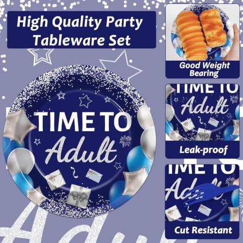 50 Guests 18th Birthday Party Supplies Decoration 18 Years Old Birthday Plates and Napkins Forks Time To Adult Tableware Blue Silver Happy 18th Birthday Party Paper Plates for Boys Girls Party 200PCS - Image 3