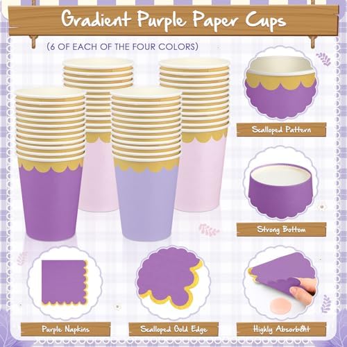 Mimorou 169 Pcs Purple Plates Napkins Cups Flatware Set - Image 4