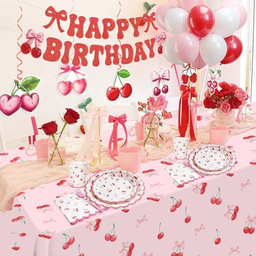 Cherry Birthday Decorations, 182Pcs Cherry Plates Napkins Cups Forks Tablecloth Banner Hanging Swirls Cupcake Toppers and Ballons for Cherries Themed Party Decorations - Image 3