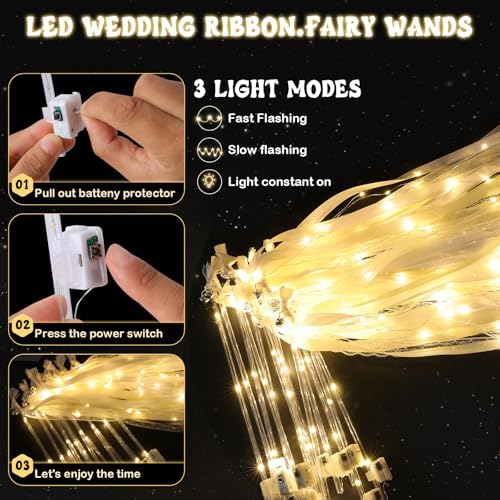 100 Pcs Wedding Wands Ribbon with 3 Colorful Flashing Modes, Light up LED Silk Fairy Wands, Glow Lace Stick with Bells for Wedding Reception, Graduation, New Year, Birthday Party (Warm White) - Image 3