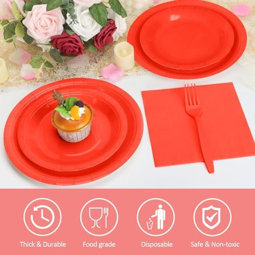 250Pcs Red Paper Plates and Napkins Party Supplies, 9’’Disposable Red Party Plates, 7’’Dessert Plates Cups Napkins Forks Sets for Christmas, Birthdays, Graduations, Valentines Days, Serves 50 - Image 3