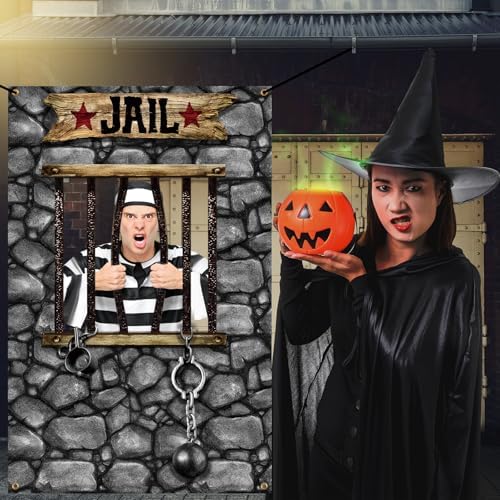 Lunmon 6x4 ft Halloween Backdrop Jail Prison Face Cutout Holes - Image 5