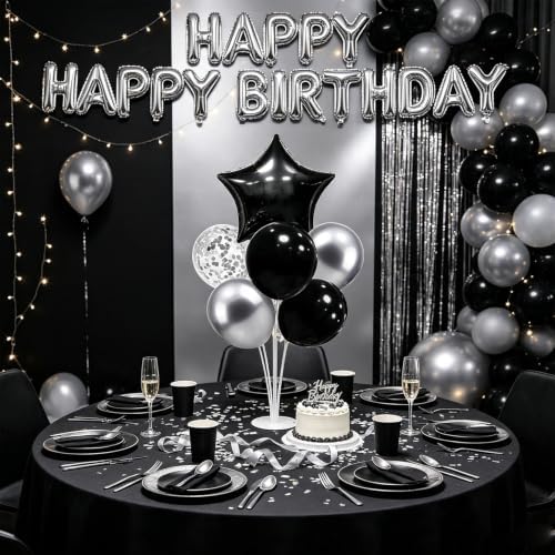 New Years Eve Party Supplies, 4 Set Black Silver Balloon Stand Kit - Image 2