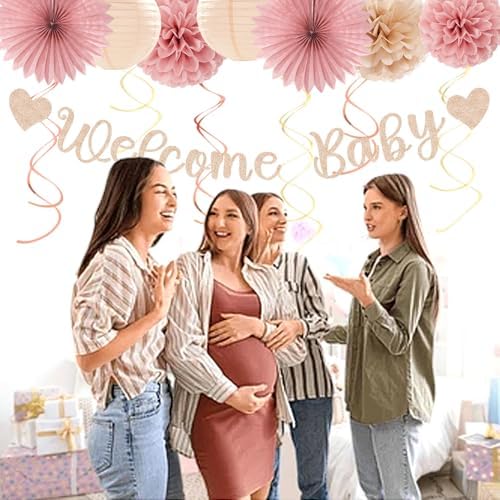 Blush-Pink Rose-Gold Fall Baby-Shower Party-Decorations - 31pcs Welcome Home Banner Sign,Neutral Paper Lanterns,Girl Streamers Garland,Boho Hanging Tissue Pom Poms Flowers Fans Backdrop Decor Burgleda - Image 7