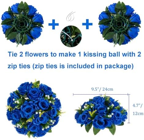 BLOSMON Royal Blue Artificial Flowers: 6 Pcs Fake Roses Flower Ball Centerpieces for Wedding Dinning Table - Faux Silk Kissing Bouquet with Base Floral Arrangement for Home Party Event Decor - Image 4