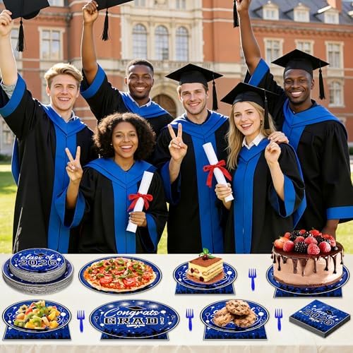 100 Pcs Graduation Plates and Napkins, 2026 Blue Graduation Disposable Plates and Napkins Party Supplies Set Serves 25, Blue Disposable Dinnerware Set for 2026 Decorations Grad Party - Image 6