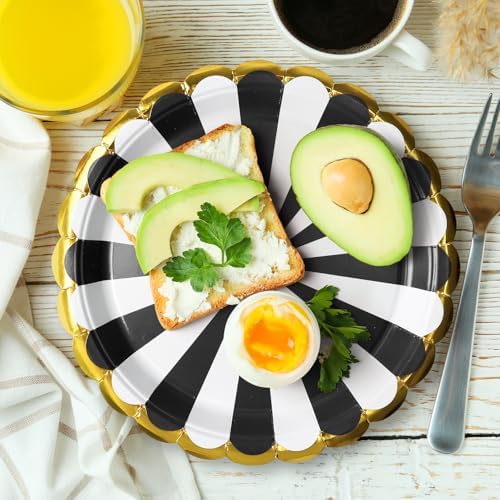 50 Pcs Black Party Paper Plates with Gold Scalloped Edge, Black Disposable 9 inch Scalloped Paper Dessert Plates Party Supplies for Birthday Bridal Shower Picnic, Striped - Image 7
