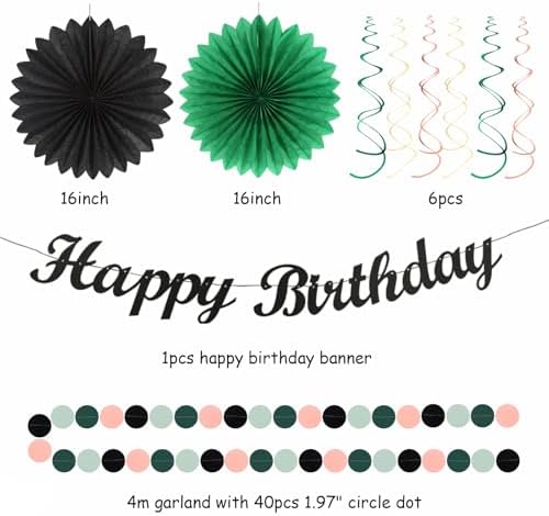 Sage-Green Blush-Pink Black Birthday Party-decorations - 21pcs Girls Woman Happy Banner Garland, Paper Streamers Lanterns,Flower Tissue Pom Poms Fan Supplies,Wall Backdrop Decor Huglony - Image 2