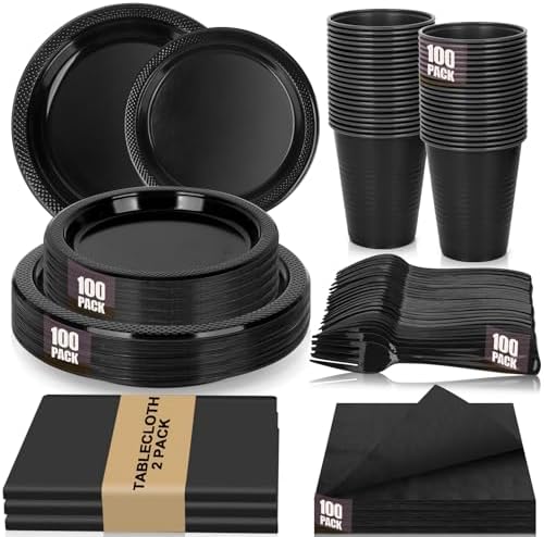 100 Guests Black Plastic Plates and Napkins Party Supplies for Birthday by UseOnceDoneRight