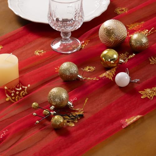 Christmas Tree Table Runner Gold Gauze Glitter Sheer Party Home Table Decor - Image 3