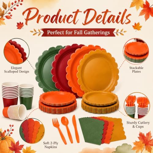 168Pcs Fall Paper Plates and Napkins Set Party Supplies Serve 24 - Image 3