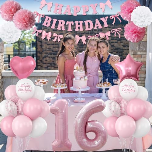 16th Birthday Decorations Girls Pink Number 16 Balloon Bow Coquette Party - Image 4
