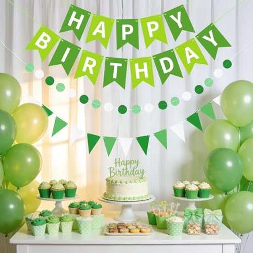 Green Happy Birthday Banner Hanging Sign Circle Dot Triangle Bunting - Image 2