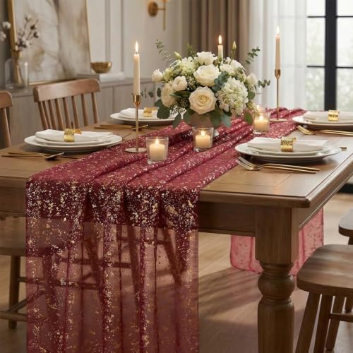 Artoid Mode 6PC Burgundy Gold Gauze Table Runner 120 Inch 10FT, Glitter Metallic Foil Sheer Dining Wedding Anniversary Holiday Birthday Table Decor for Home Party - Image 5