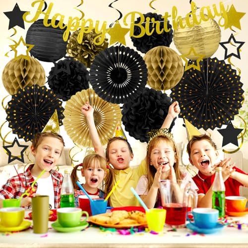 Black Gold Birthday Party-Decorations - 29pcs Black Gold Party Decorations for Men Women, Happy Birthday Banner Paper Streamers Lanterns Tissue Pom Poms - ZERODECO - Image 6