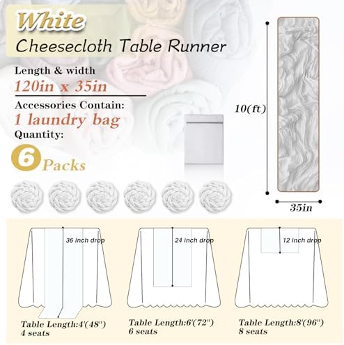 White Cheesecloth Table Runner 6 Pack 35" Boho Gauze Runner 120 inches Long Runner Rustic Sheer Fabric Bulk for Baby Shower Wedding Bridal Birthday Party Table Decorations - Image 2