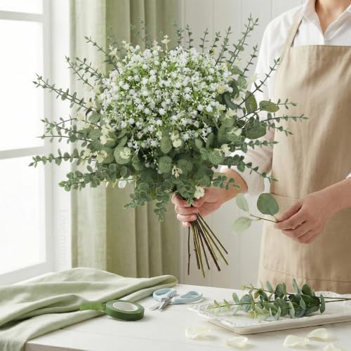 lovemoon 200 Pcs Mixed Greenery Artificial Eucalyptus Stems, Baby Breath Artificial Flowers Bulk and Eucalyptus Leaves for Wedding Bouquets Home Office Floral Decor (200, Green and White) - Image 7