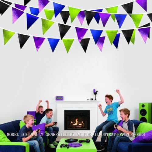 Video Game Party Decorations Black Blue Green Purple Metallic Fabric Triangle Pennant Banner Flag Bunting for Men Boys Birthday Graduations Retirement Wedding Bachelorette Video Game Party Supplies - Image 4