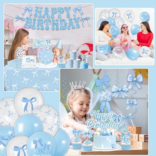 Blue Bow Birthday Party Supplies Serve 24,Coquette Birthday Decorations Blue Bow Party Plate,Napkin,Banner,Cup for Girls Women Bridal Engagement,Baby Shower Decorations - Image 4