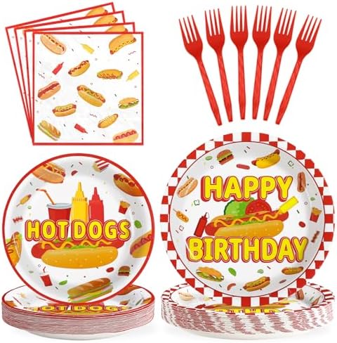 Grencian 96Pcs Hot Dog Birthday Party Supplies Serves 24 by Grencian
