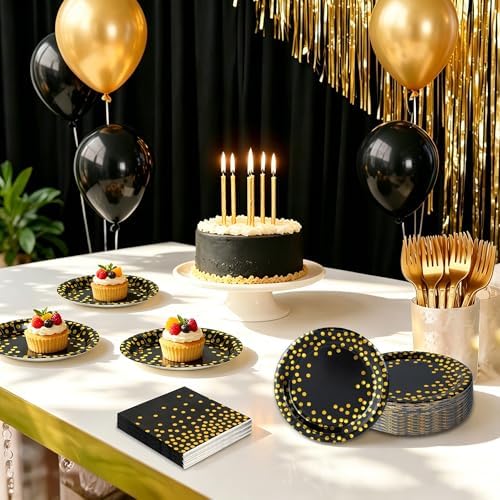 150 PCS Black and Gold Paper Plates and Napkins Party Supplies,Serves 25 Guests Black Gold Plates and Napkins,Disposable Paper Tableware Set for Birthday Graduation Retirement Decorations - Image 6