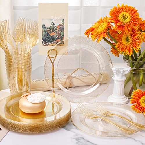 WELLIFE Gold Glitter Plastic Plates, 150 PCS Dinnerware Set for 50 Guests - Image 2