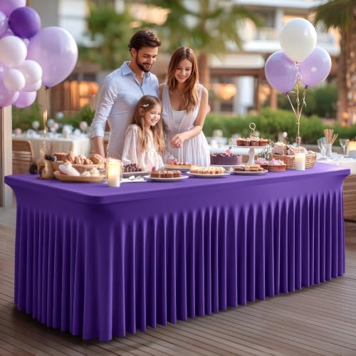 6 Packs Purple Spandex Table Covers 8 Foot, Fitted Stretch Table Cloth with Skirts 96x30 Inch, Wrinkle-Free Floor Length Rectangle Tablecloths for Trade Show Weddings Parties Banquets Events - Image 5