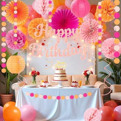 Hot-Pink Orange Birthday Decoration for Women Girl, Fall Peach Burnt-Orange Gold Balloon Décor-Happy Banner, Streamers Lanterns Honeycomb, Tissue Flowers Pom Poms Fan, Boho Sunset Autumn Party Décor - Image 7