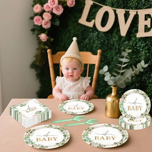 72pcs Oh Baby Eucalyptus Paper Plates and Napkins Set, 7inch Sage Greenery Baby Shower Party Plate Decorations Disposable Green Leaf Party Supplies for Boys or Girls Gender Reveal Birthday Baby Shower - Image 7