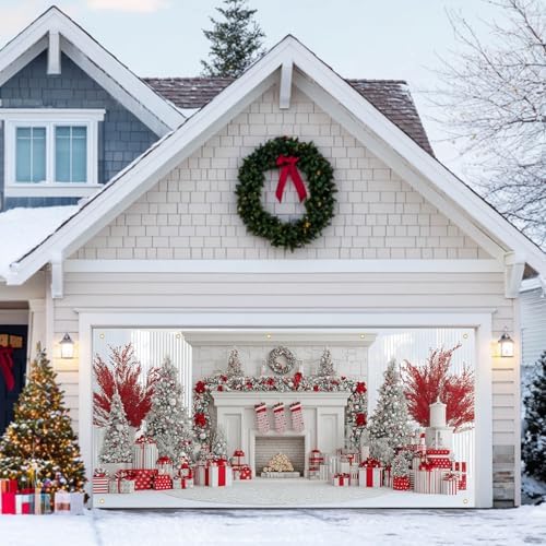 HOMETITUTE Christmas Fireplace Garage Door Cover Banner 13x6ft Fabric by HOMETITUTE