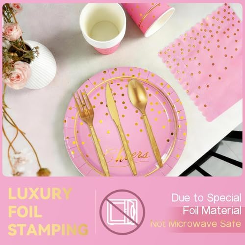 168Pcs Pink and Gold Paper Plates and Napkins Party Supplies for 24 Guest - Image 5