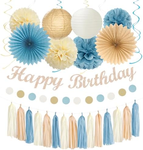 Light-Dusty Blue 18th Happy-Birthday Party-Decorations - 31pcs Women Girls Paper Lanterns Streamers Banner,Tissue Pom Poms Fans Tassels Graland Decor,Beige Champagne Wall Backdrop Supplies Hugmoon by PartyDecorations