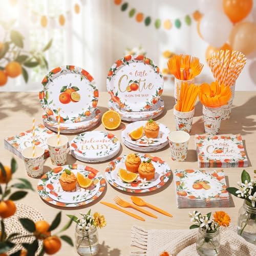 450 Pcs Little Cutie Baby Shower Tableware Set, Serve 50, Orange - Image 6