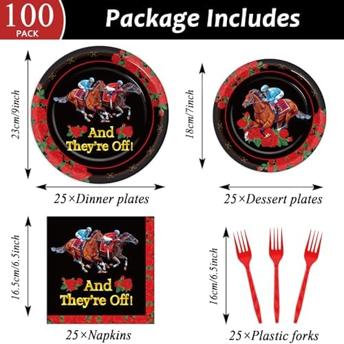 Qyeahkj 100PCS Derby Day Plates and Napkins Party Supplies Horse Racing Tableware Set Kentucky Party Decorations Favor Racing Horse Roses Dinner Plates for Derby Day Celebrations Serves 25 - Image 2